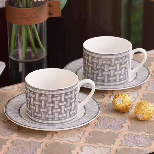 Savies coffee tea cup set with gray geometric pattern on white ceramic cups and matching saucers