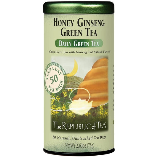 Savies Honey Ginseng Green Tea Bags tin with 50 natural unbleached tea bags inside