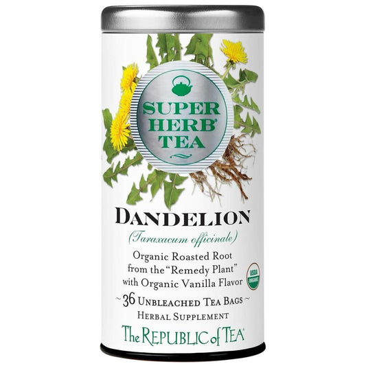 Savies organic dandelion tea bags in a white tin with dandelion flowers and roots illustration