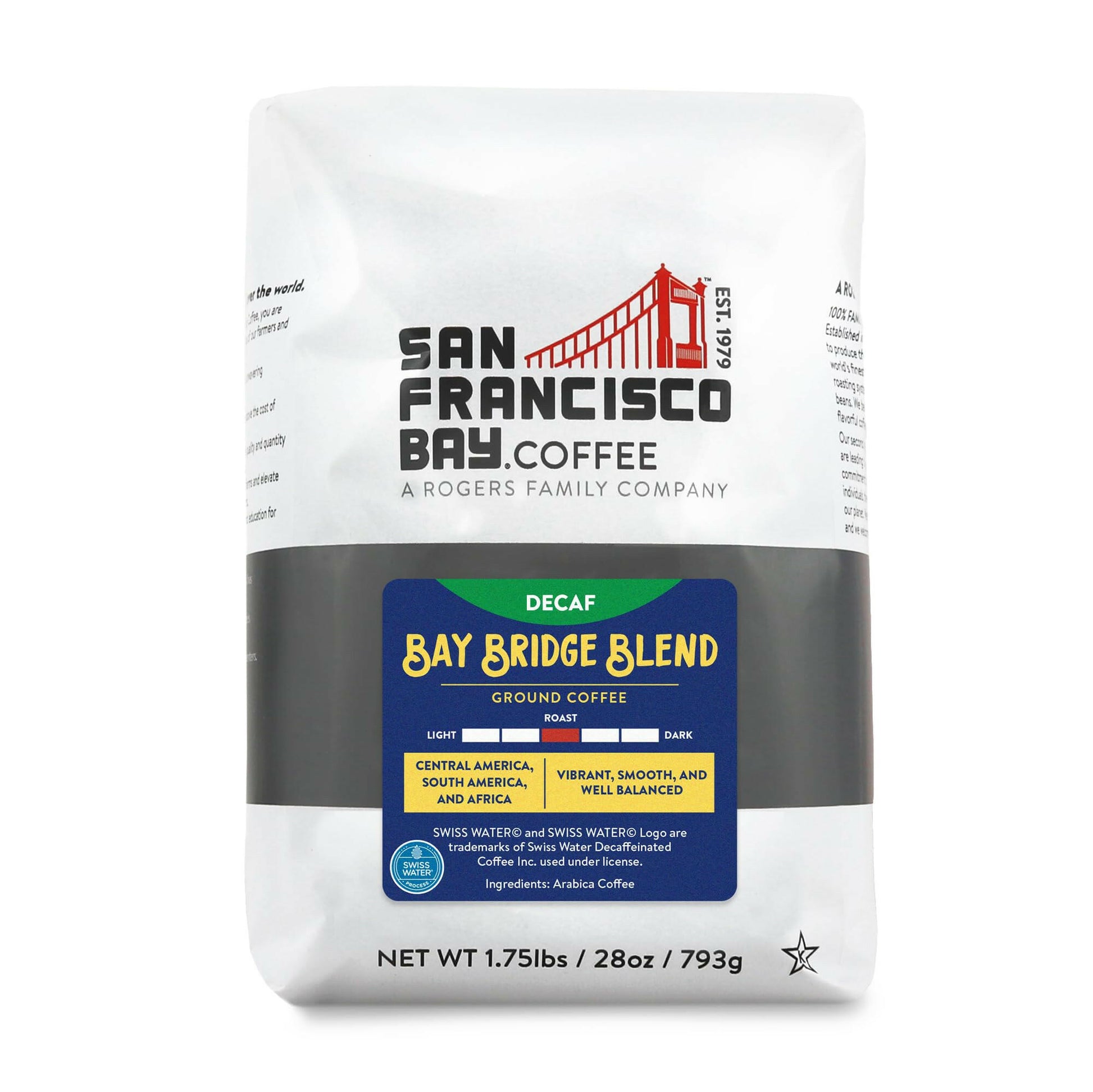 San Francisco Bay Coffee decaf Bay Bridge Blend ground coffee bag in premium coffee gift bundle