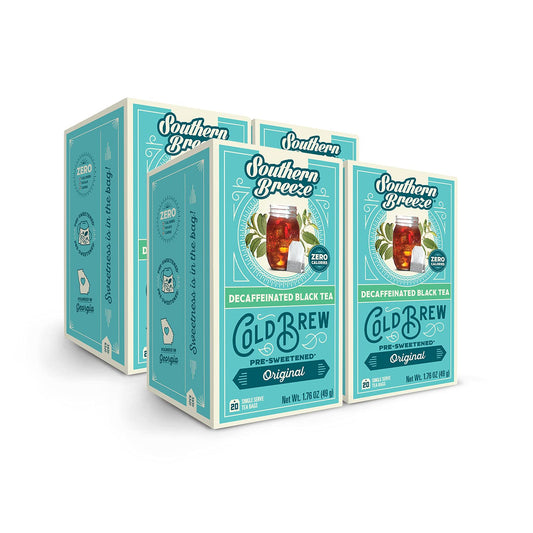 Savies Southern Breeze decaf cold brew tea bags with pre-sweetened black tea in turquoise packaging