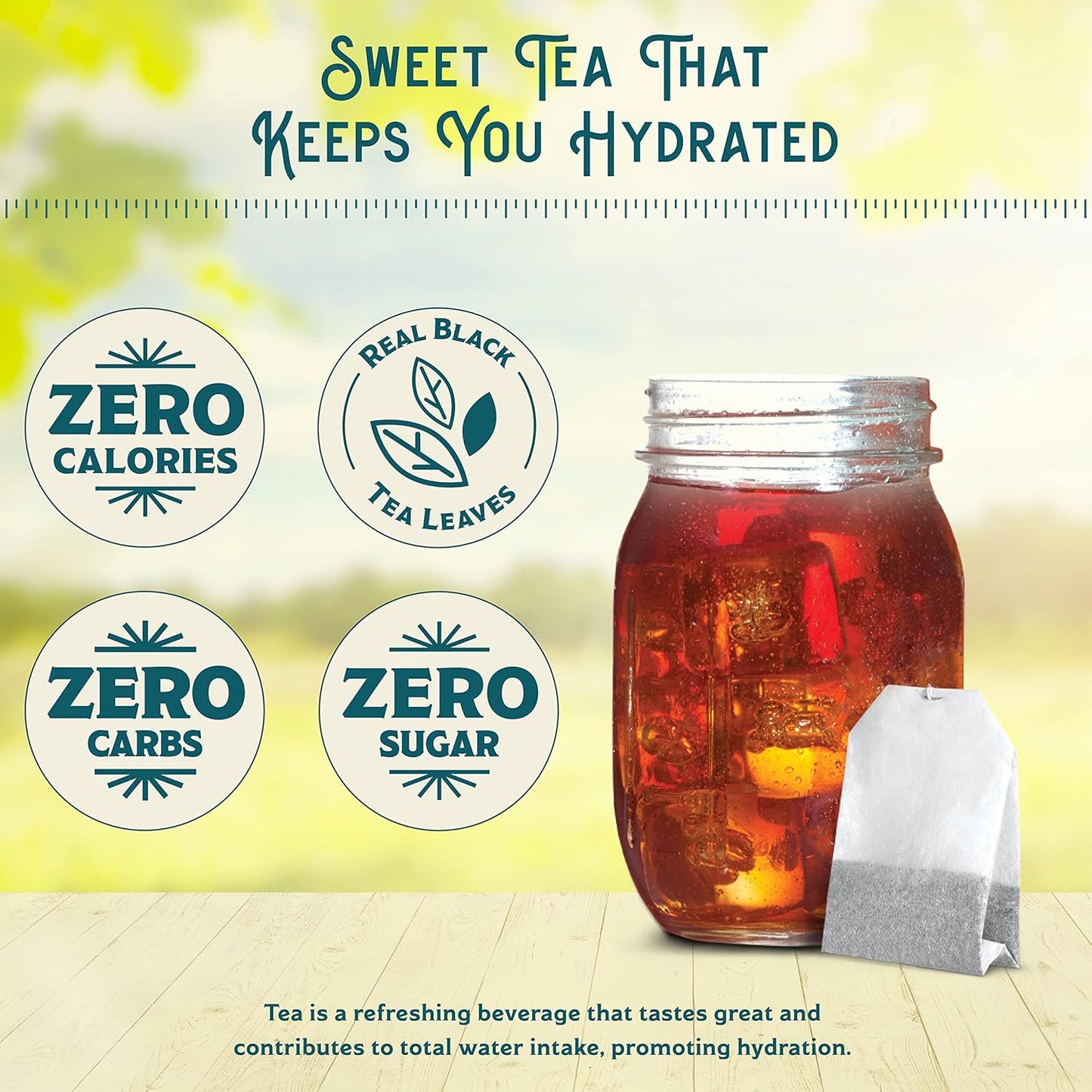 Savies decaf cold brew tea bags with a glass of iced sweet tea showing zero calories sugar and carbs