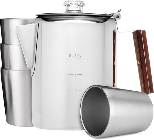 Savies stainless steel percolator coffee pot with wooden handle and four matching stainless steel cups