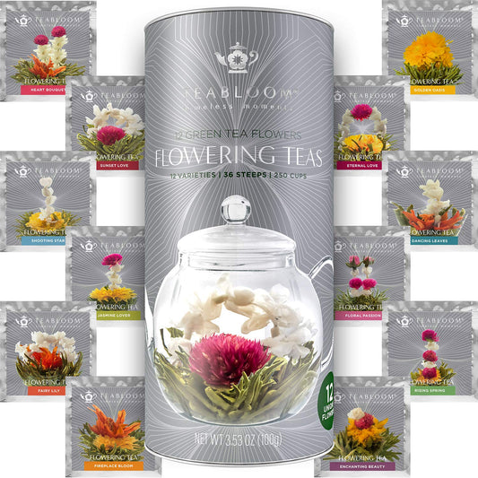 Savies blooming green tea flowers flowering teas set with 12 varieties and 36 steeps in decorative packaging