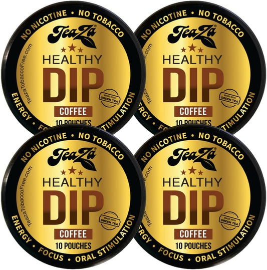 Four cans of TeaZa Healthy Dip Coffee tobacco free caffeine pouches with no nicotine or tobacco