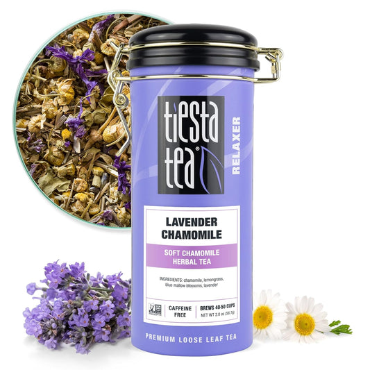 Savies lavender chamomile herbal tea in purple tin with dried herbs and flowers nearby